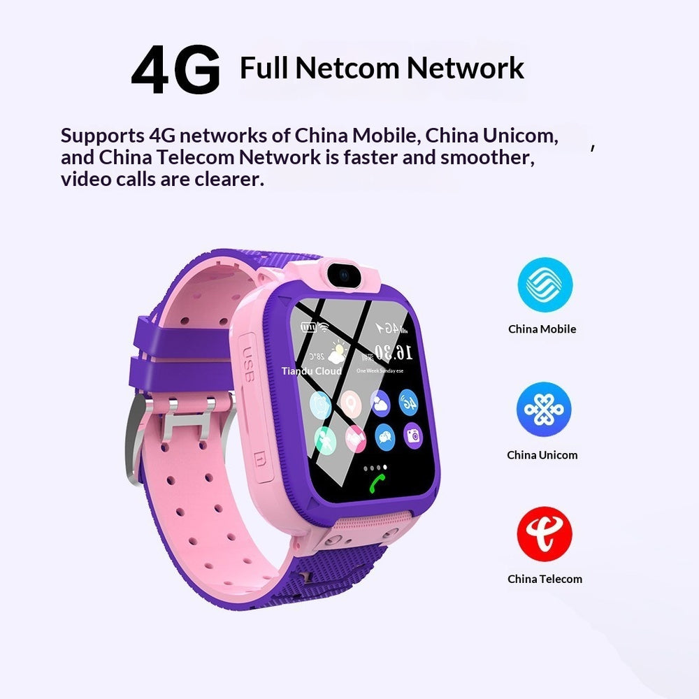 Smartwatch with pink and purple band on a white background, featuring 4G network support for China Mobile, China Unicom, and China Telecom.
