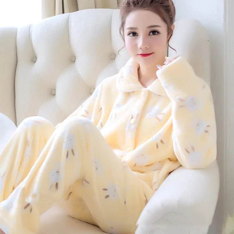 Women Coral Velvet Fleece Pajamas Fall Winter Loungewear Flannel Sleepwear - EX-STOCK Canada
