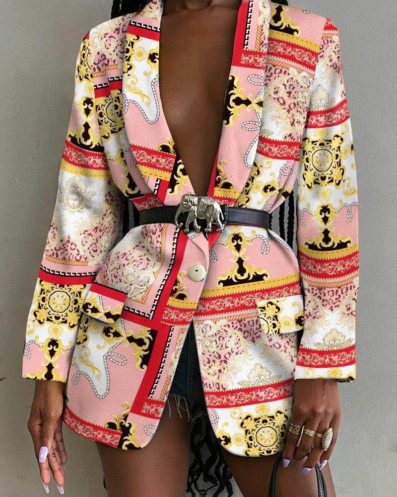 Fashion Printed Shawl Collar Single-breasted Belt Vintage Blazer Women - EX-STOCK Canada