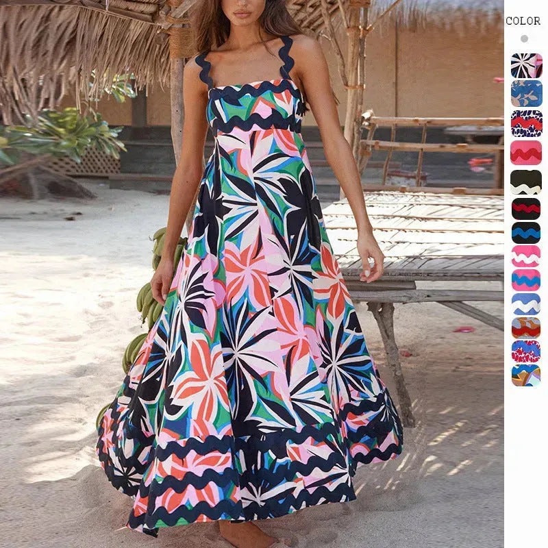 Flowers Print Wavy Pattern Suspender Long Dress For Women Fashion A-Line Beach Dresses Womens Clothing - EX-STOCK CANADA