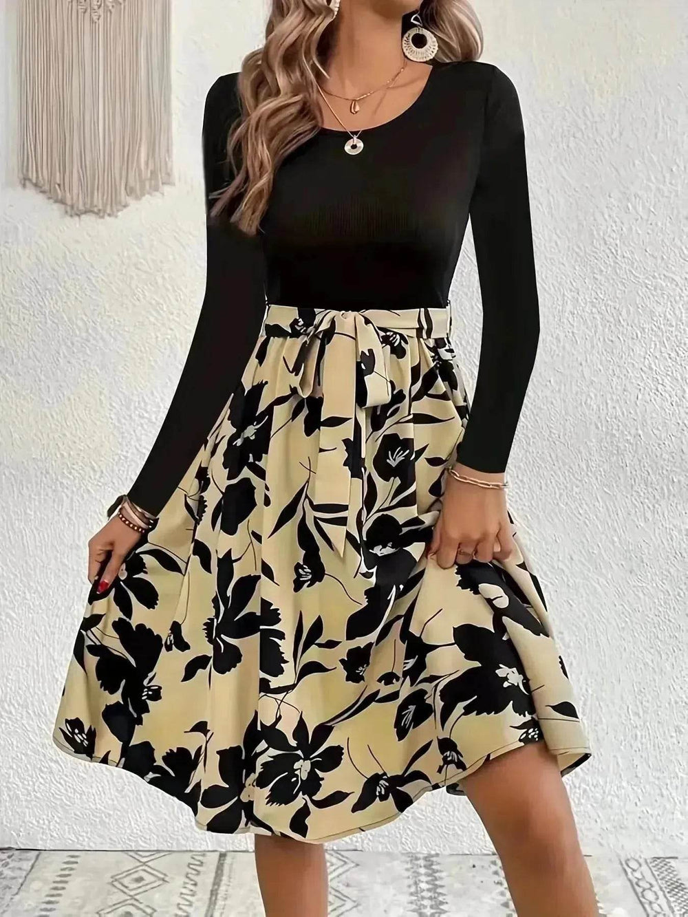 Floral Print Long Sleeve Skirt - Round Neck Flared Dress - EX-STOCK Canada