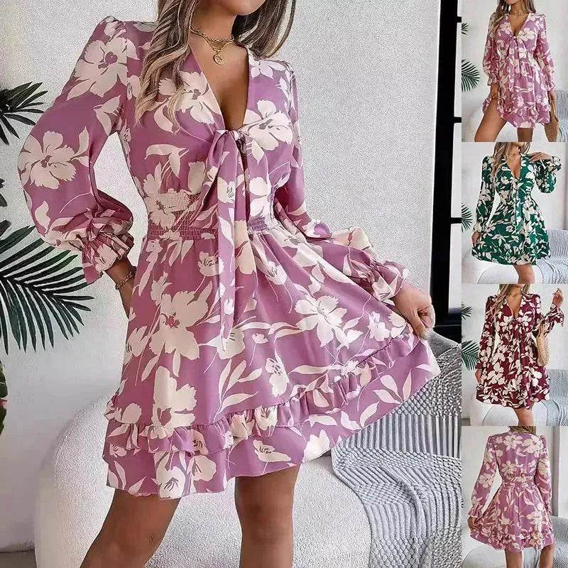 New Floral Printed V-Neck Long Sleeve Dress Fashion Ruffles Bowknot A-Line Short Mini Skater Dress Women's Clothing - EX-STOCK Canada