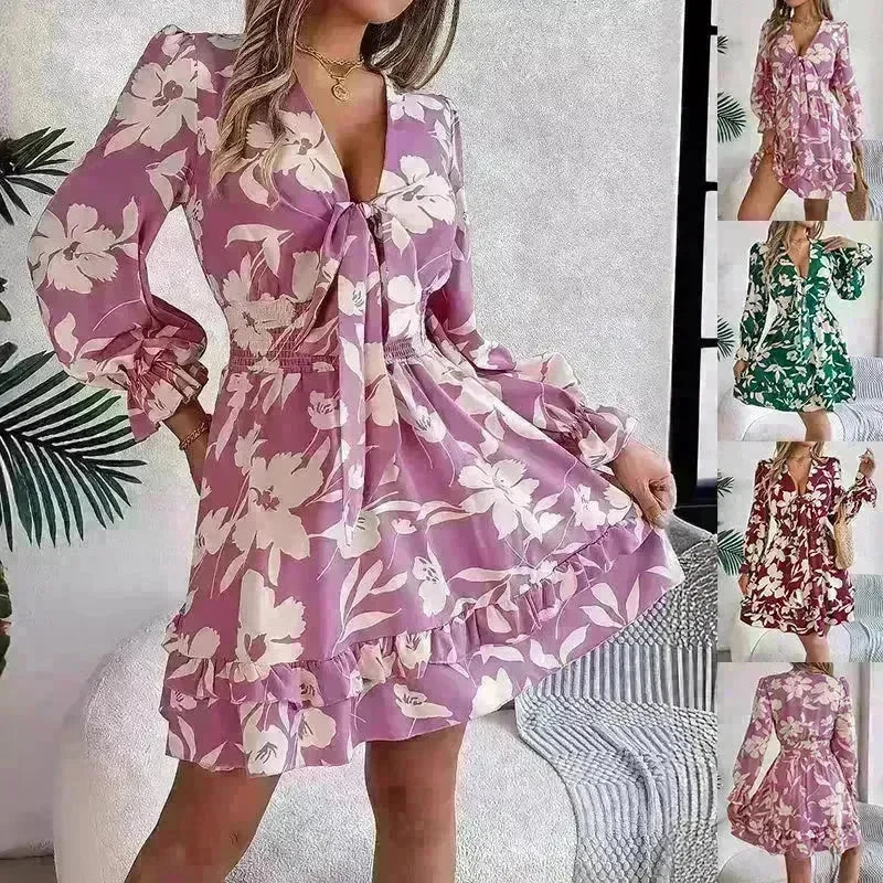 New Floral Printed V-Neck Long Sleeve Dress Fashion Ruffles Bowknot A-Line Short Mini Skater Dress Women's Clothing - EX-STOCK Canada