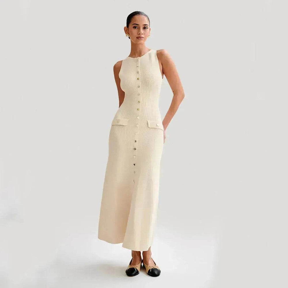 Elegant Knitted Sleeveless Dress With Single Breast Fashion Slim Round Neck Long Dresses Womens Clothing - EX-STOCK Canada