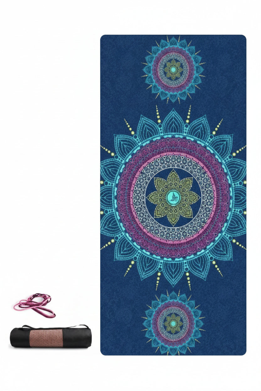 Yoga mat with mandala design on a blue background, including a strap and size indicator.