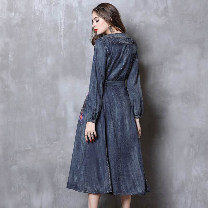 Elegant Classy Long Sleeve Denim dress with belt Flared Embroidered Jeans Dress - EX-STOCK Canada