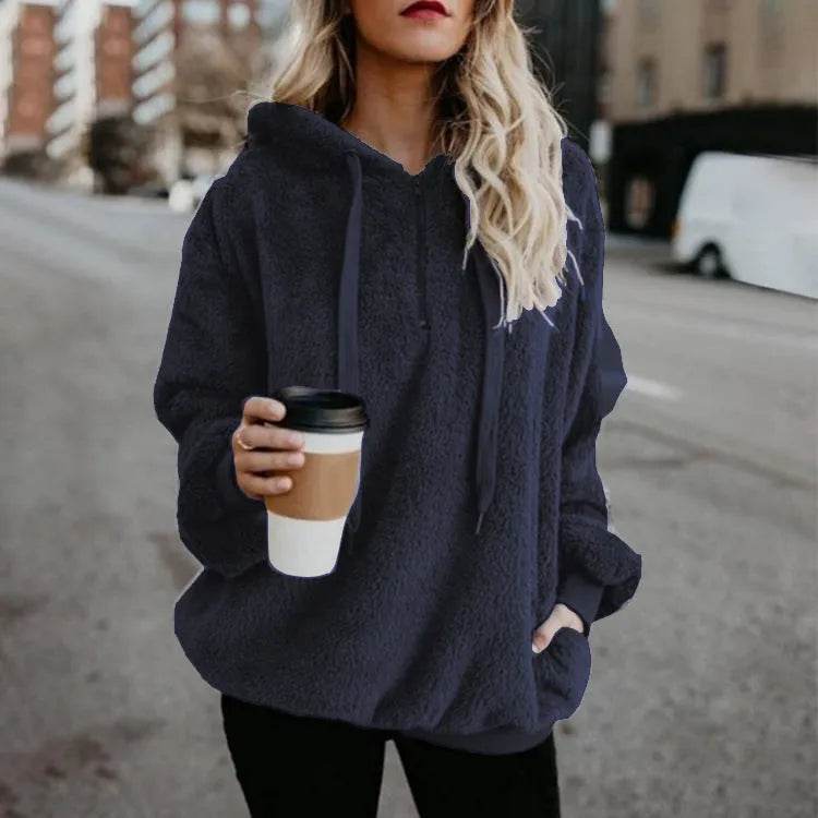 Women's Polerones Fleece Hoodie Pullover fall Winter Zipper Pocket Sweatshirt - EX-STOCK Canada