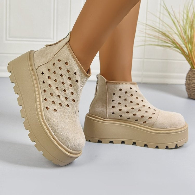 Women's Perforated Platform Ankle Boots, Back Zipper Breathable Wedge Booties, Casual Chunky Sole Cutout Boots