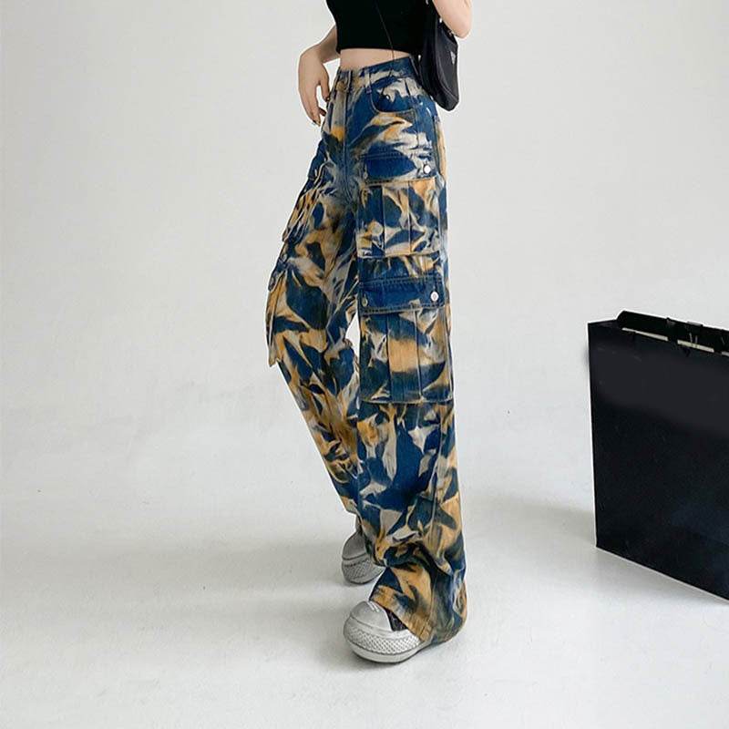 New Tie-dye Baggy CargoTrousers With Pockets Y2K Fashion High Waist Loose Wide Leg Pants Spring And Autumn - EX-STOCK Canada