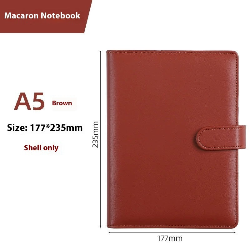 Brown faux-leather A5 macaron notebook shell with a strap closure, shown on a white background with size annotations of 177mm by 235mm.