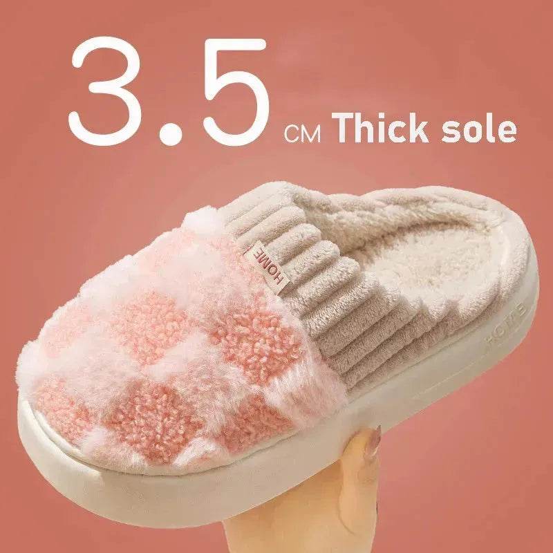 Plaid Plush Slippers Women's Indoor Plush Home Slippers Soft Sole Thick Non-Slip Warm House Shoes Couple Autumn And Winter - EX-STOCK Canada