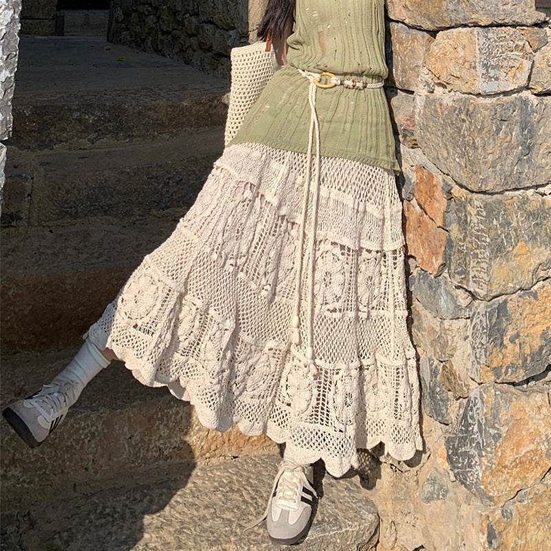 Retro Vacation Style Crocheted Hollow Beige Maxi Skirt - EX-STOCK Canada