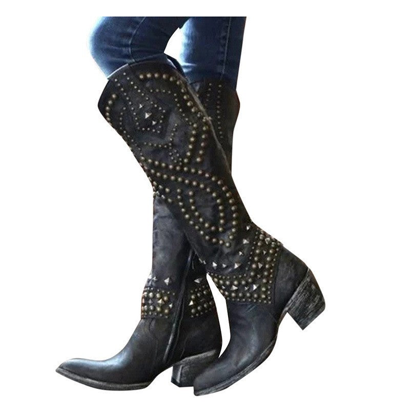Women's Rivet Studded Knee-High Cowboy Boots | Chunky Block Heel | Sizes 35–43