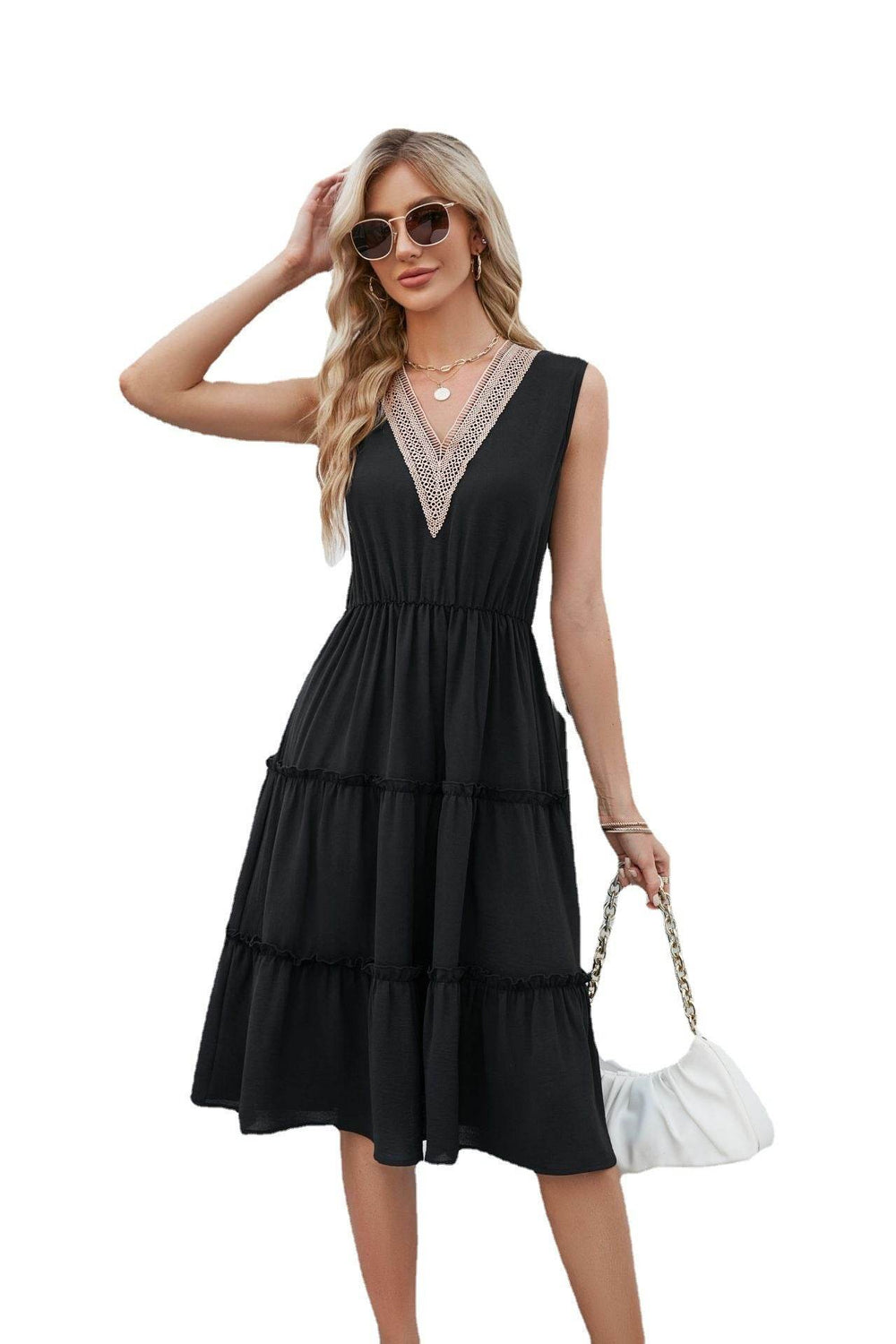 V-neck Dresses Women Sleeveless Pleated Ruffle Elegant Dress Beach Summer - EX-STOCK Canada