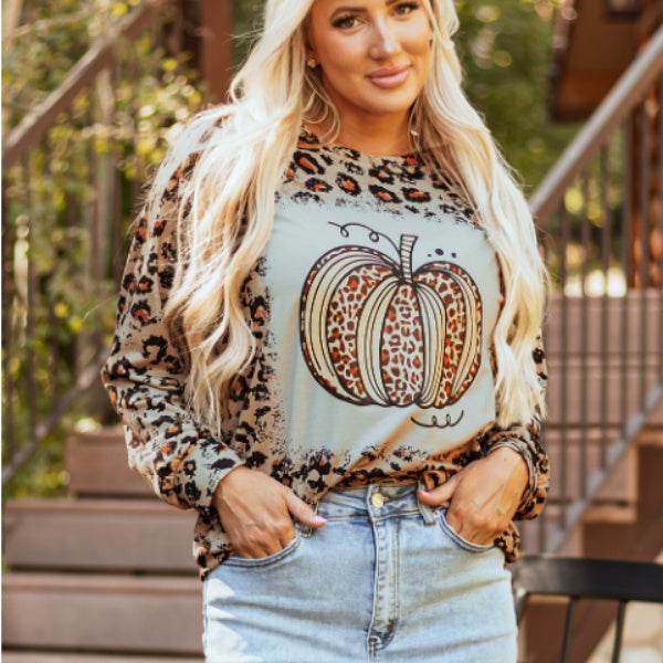 Brown Bleached Halloween Pumpkin Leopard Print Sweatshirt - EX-STOCK Canada