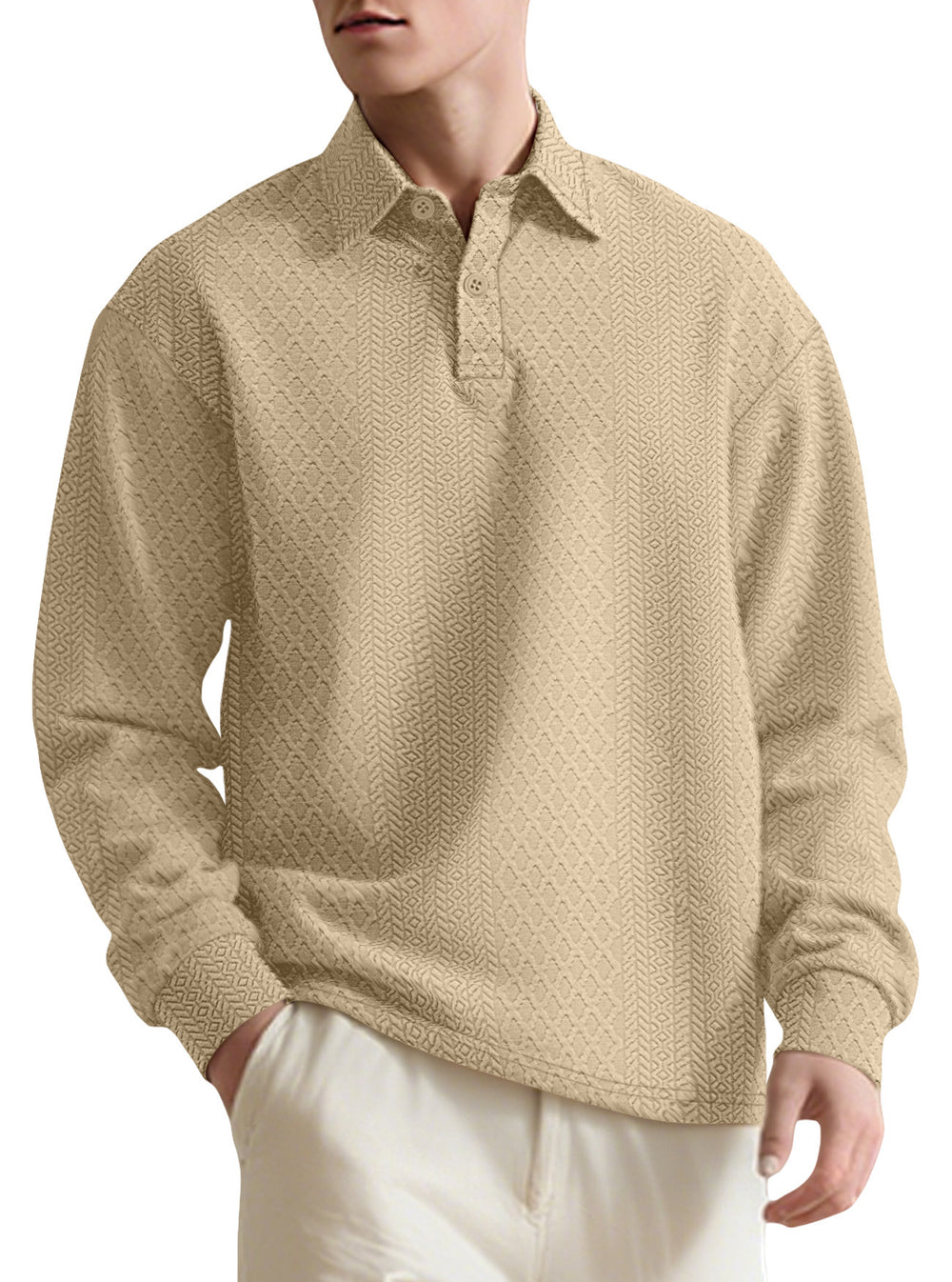 Texture Jacquard Solid Color Men's Long-sleeved Polo Shirt Lapel Loose Sweater EX-STOCK Canada