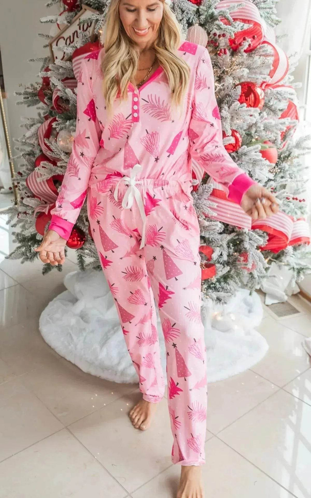 Christmas Pajamas Suit Christmas Tree Printed Long Sleeve Button Two-piece Set - EX-STOCK Canada