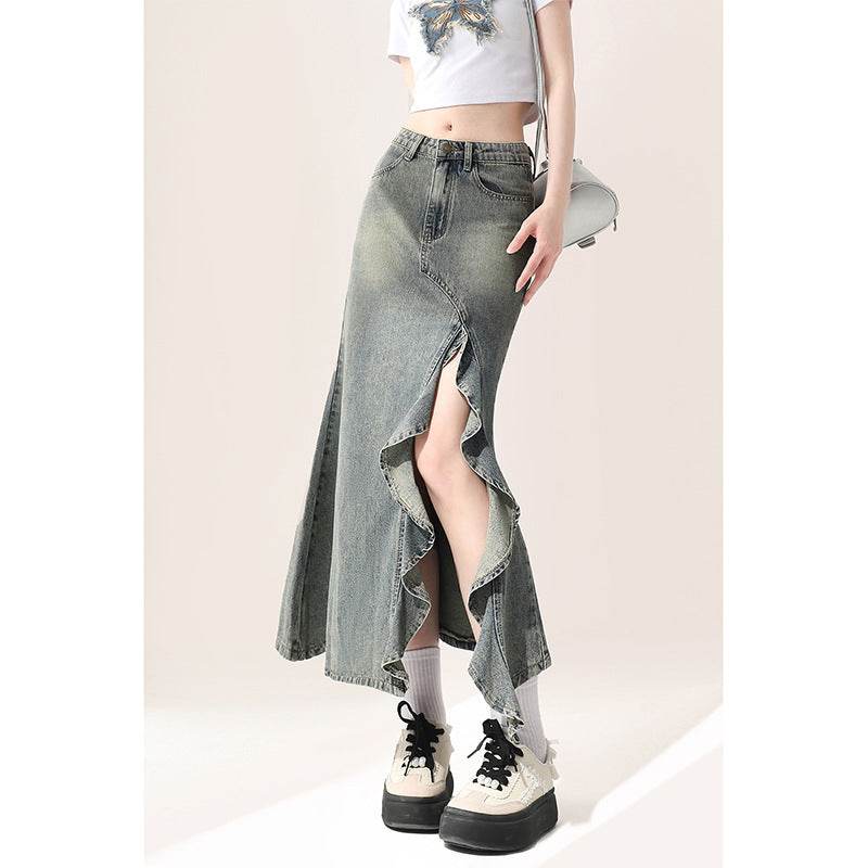 Irregular Half-length Split Denim long Skirt - EX-STOCK Canada