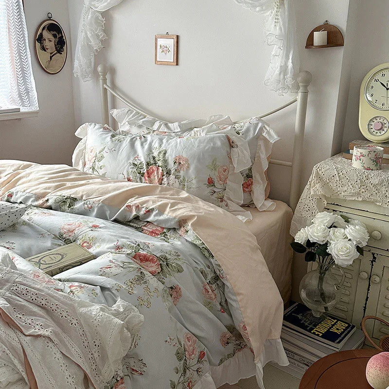 Princess Style Ruffled Pure Cotton French Floral Minimalist Bed Sheet Duvet Cover Bedding EX-STOCK Canada