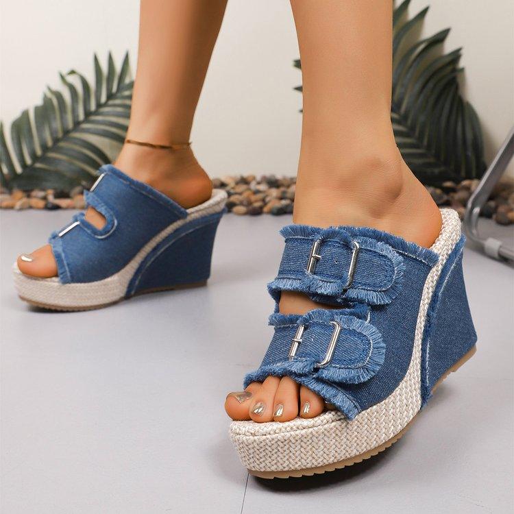 Plus Size Women's New Denim Slip-On Mule Sandals, Block Heel With Buckle Design, Summer Outdoor Casual Slippers
