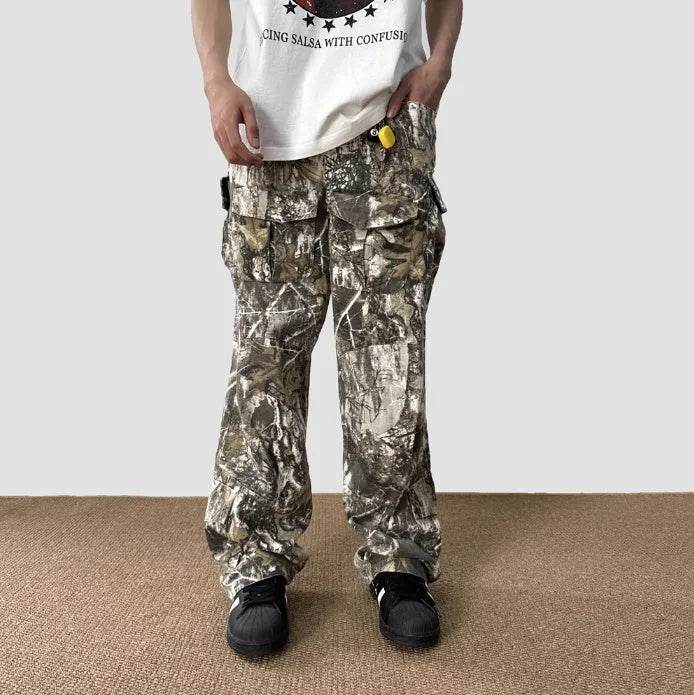 Loose Straight Tree Worn Looking Washed-out Camouflage Printed Cargo pant Men - EX-STOCK Canada