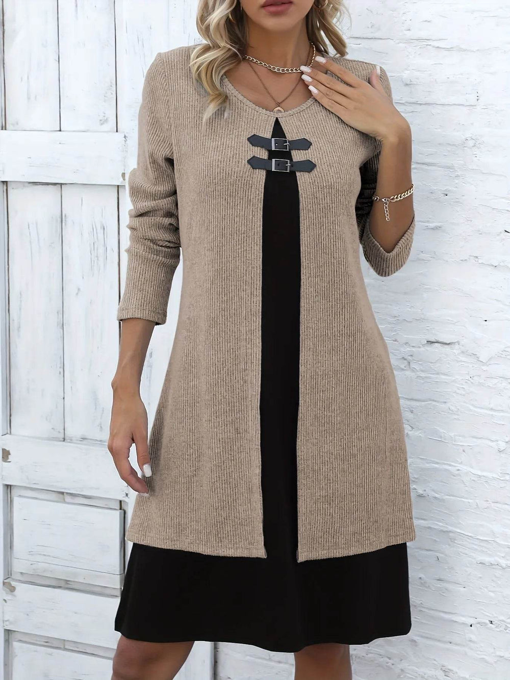 Contrast Color Buckled Round Neck Fashion Winter Sweater Dress - EX-STOCK Canada