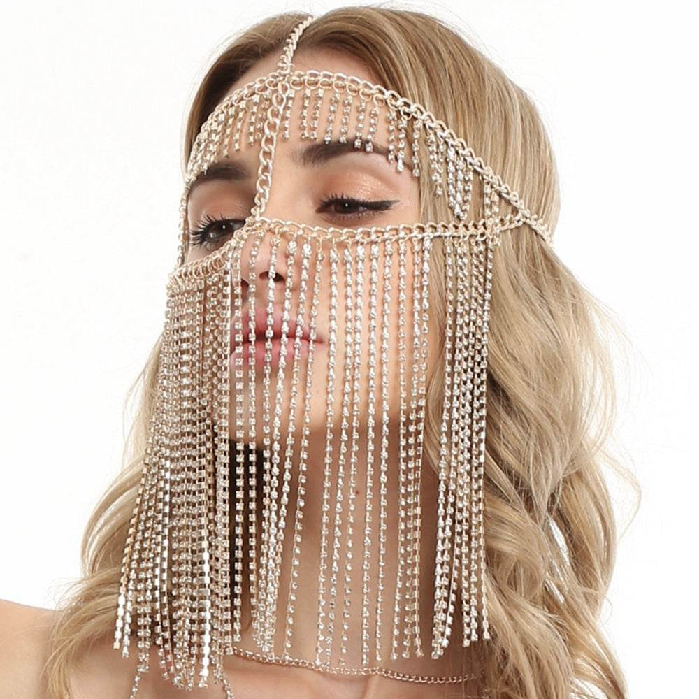 Punk Rhinestone Tassel Fringed Face Mask Head Chains - EX-STOCK Canada
