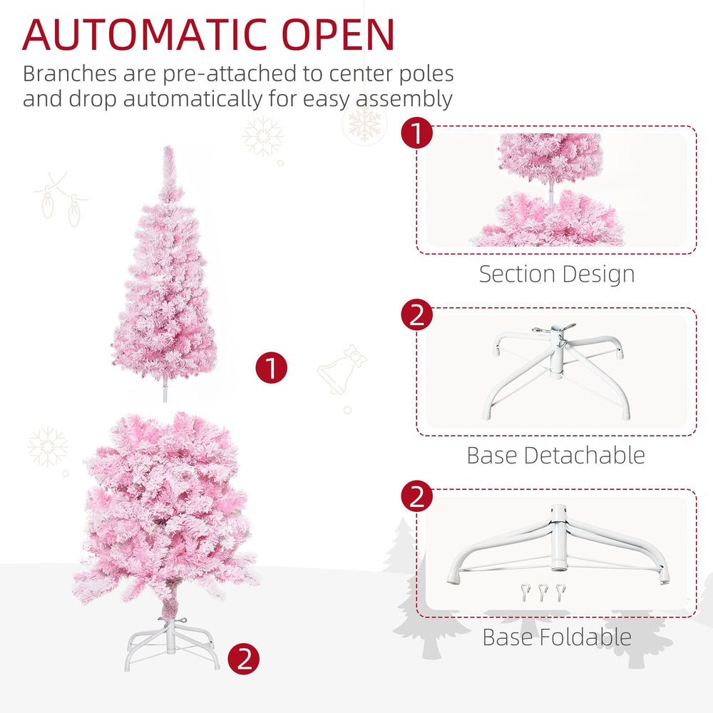 5 FT Snow Flocked Artificial Christmas Tree, Pencil Xmas Tree With Realistic Branches, Auto Open And Steel Base, Pink EX-STOCK Canada