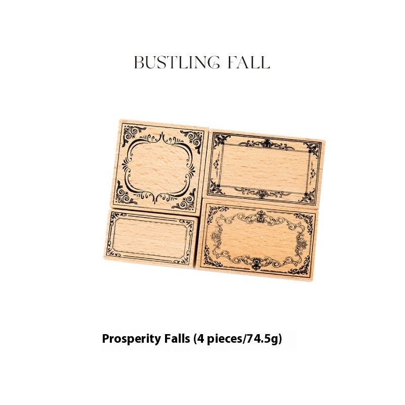 Wooden stamp set with decorative frames on a white background, labeled 'Bustling Fall' and 'Prosperity Falls'.