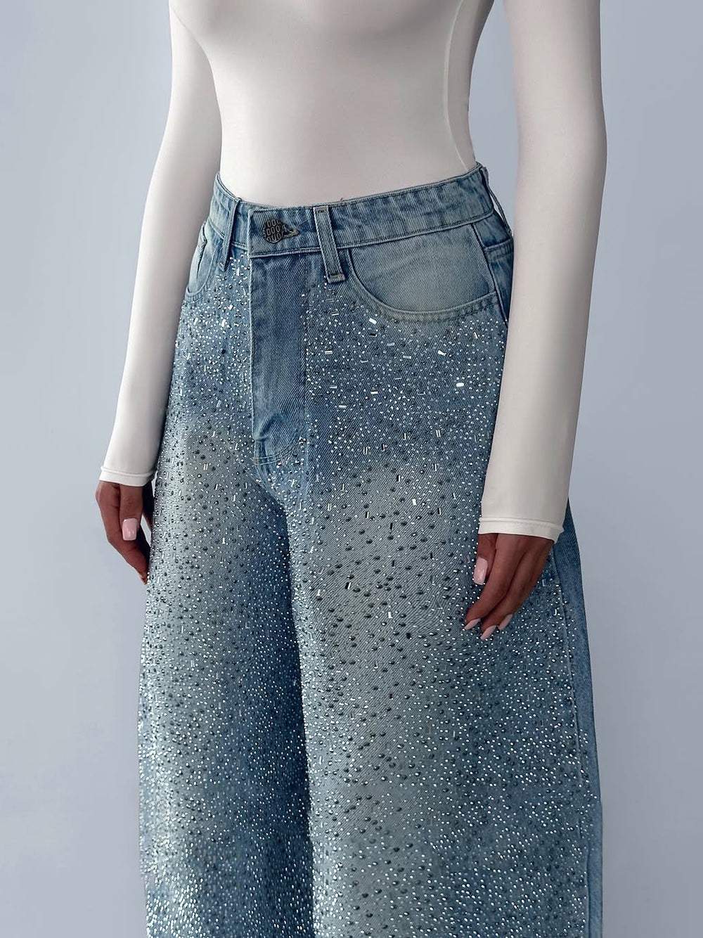 Women's Rhinestone Wide-Leg Jeans – Crystal Embellished Denim, High Waist | Sizes XS–XL