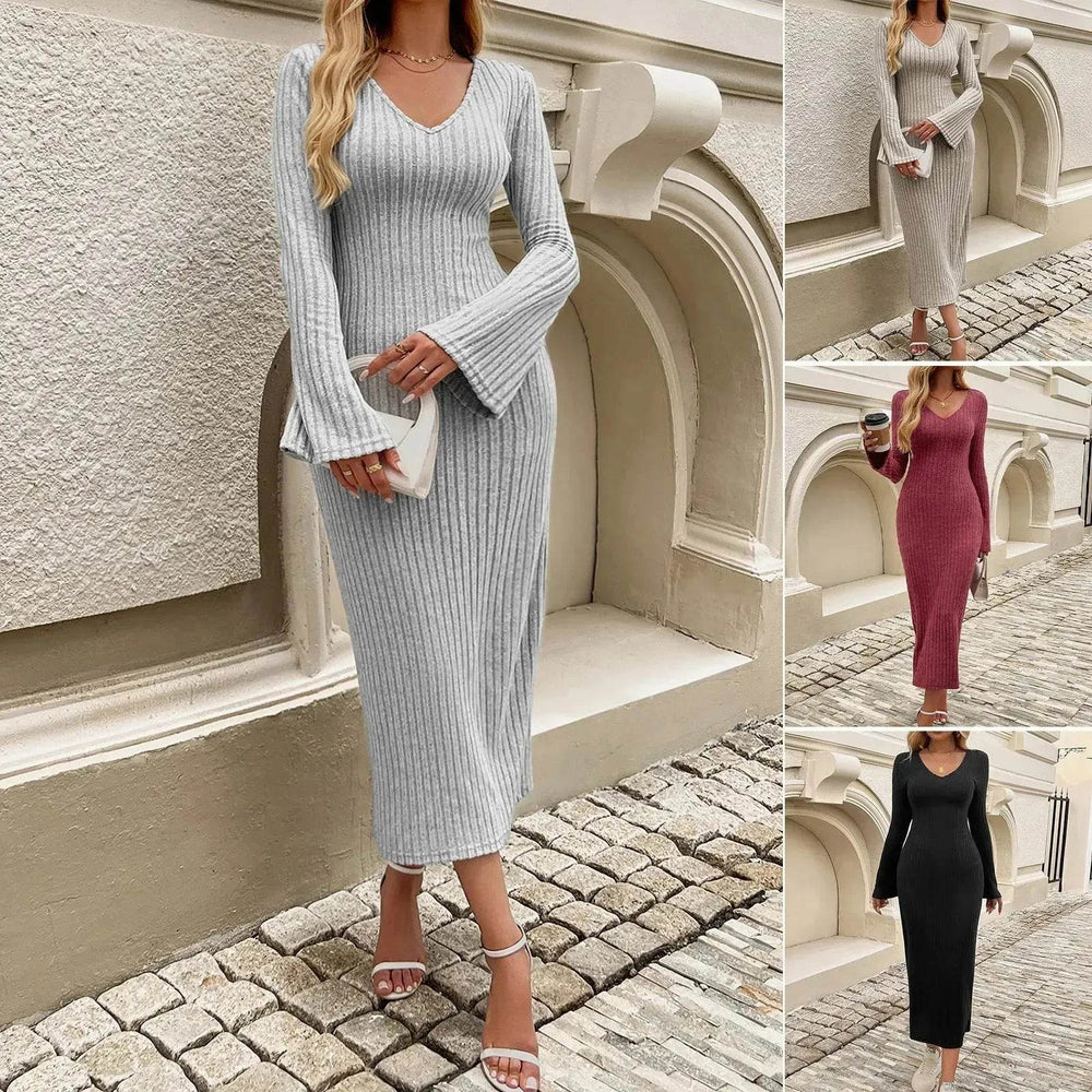 Cashmere V-neck Long bell sleeve Slim fit Midi Winter Sweater Dress - EX-STOCK Canada