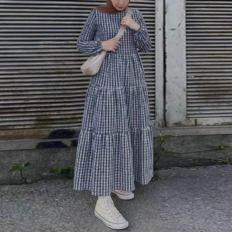 Middle East Plaid Long Sleeve Elastic Sleeve Round Neck Loose Waist Casual Dress Checked Casual dress for Arabfor Women - EX-STOCK Canada