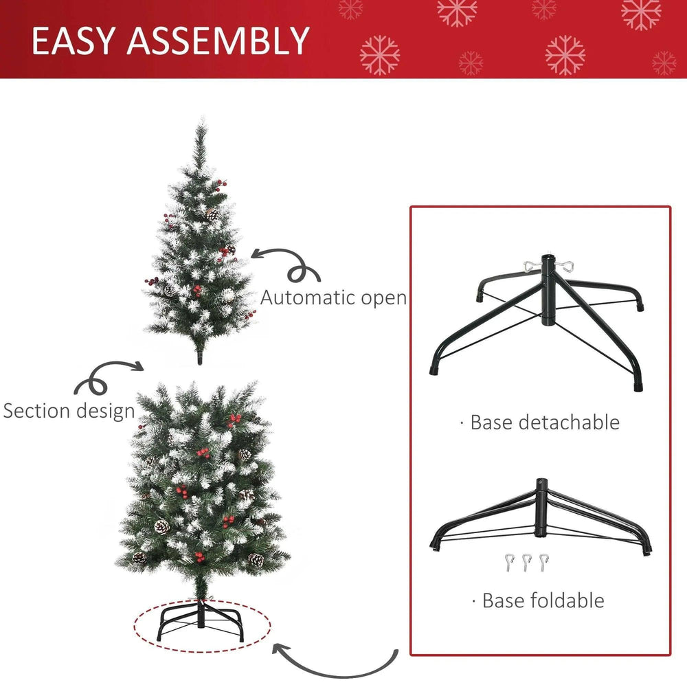 5ft Decorated Christmas Tree With Red Berries And Pine Cones, Flocked Christmas Tree With Pencil Shape, Green EX-STOCK Canada
