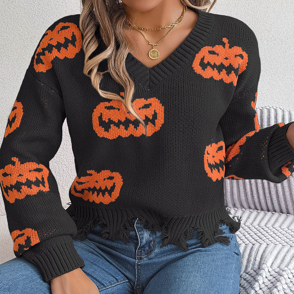 Halloween Contrast Color Pumpkin Cut Long Sleeve Sweater - EX-STOCK Canada