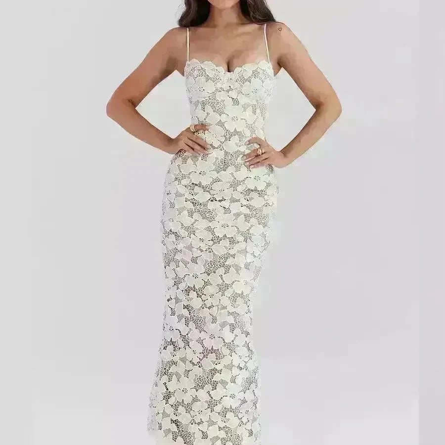 Women White Lace Wedding Dinner Party Cocktail Bodycon Spaghetti Strap Split Long Dress - EX-STOCK CANADA