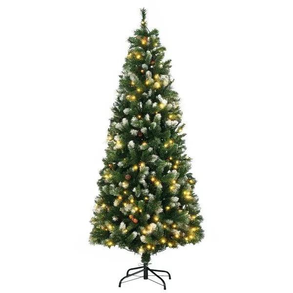 Sapin de Noël décoré de 6 pieds, sapin artificiel mince pré-éclairé avec branches enneigées, ouverture automatique, pommes de pinEX-STOCK Canada