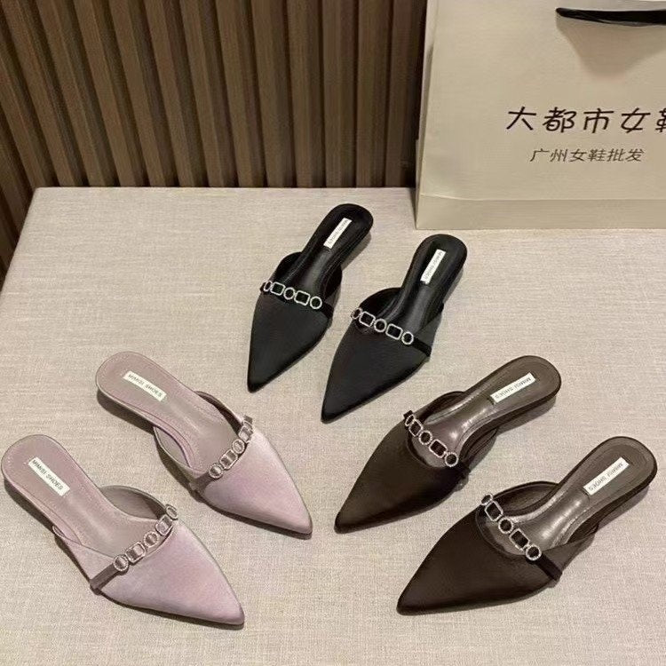 Women's French Style Satin Slide Sandals, Sparkling Rhinestone Embellished Pointed Toe Low Heel Slip-On Mules, 2025 Summer New Collection, High-end Outdoor Wear