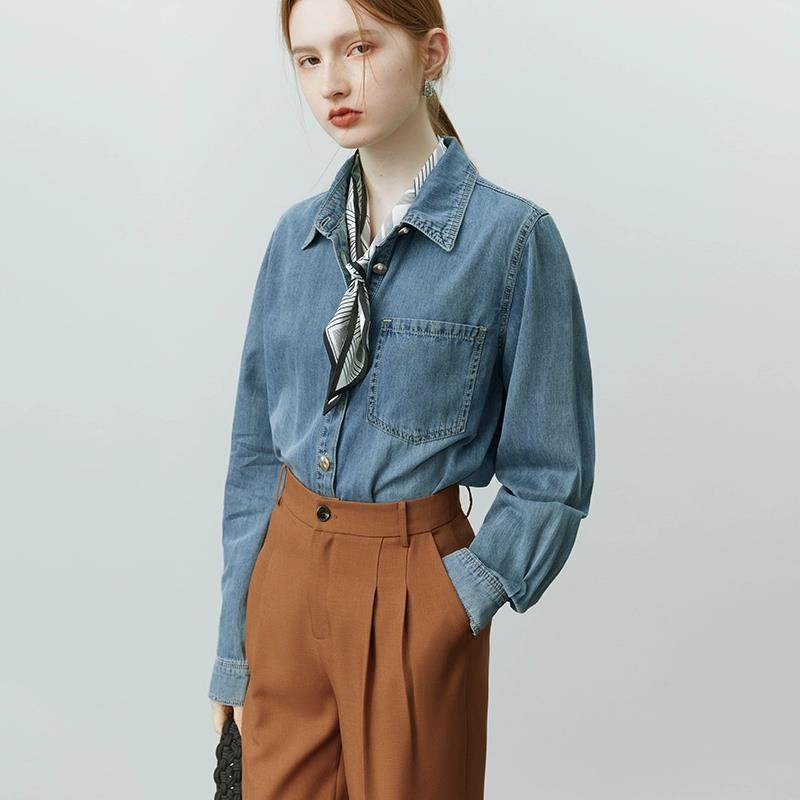 Blue Soft Denim Shirt Jacket Women's Long Sleeve Bandage Denim Dress Top - EX-STOCK Canada