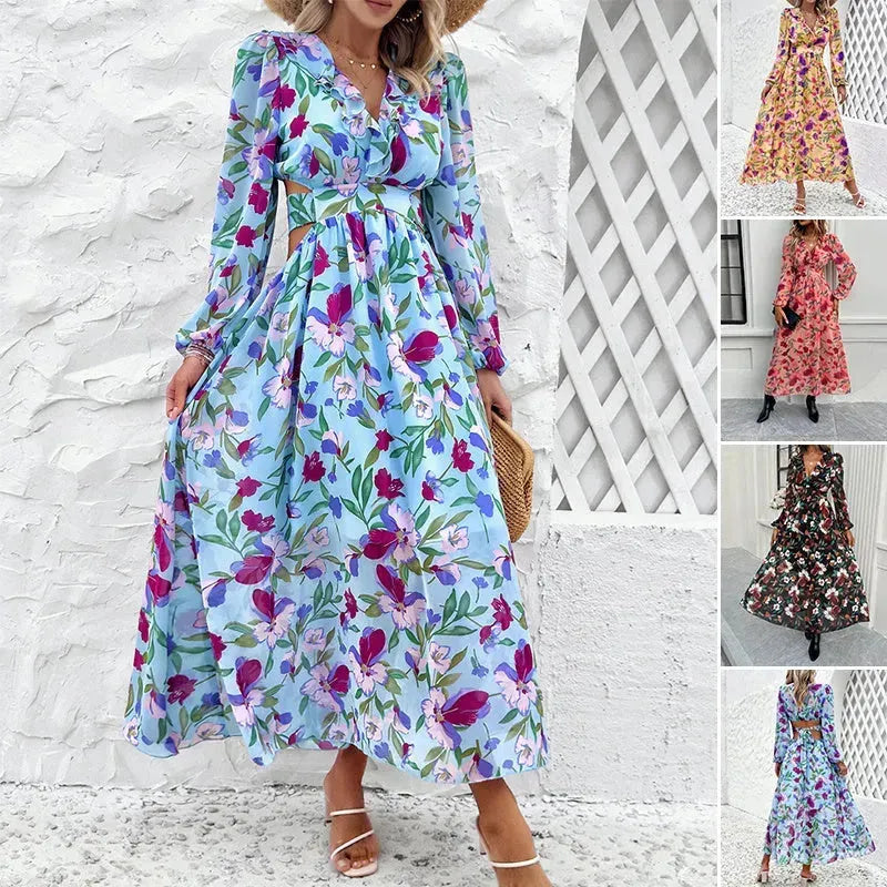 Fashion Florals Print Long Sleeve Dress Casual Holiday Tight-waisted V-neck Dresses Women Clothing - EX-STOCK CANADA