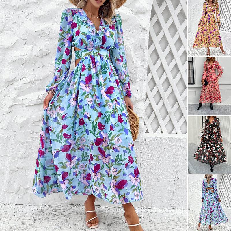 Fashion Florals Print Long Sleeve Dress Casual Holiday Tight-waisted V-neck Dresses Women Clothing - EX-STOCK Canada