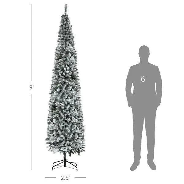 9ft Flocked Christmas Tree, Pencil Christmas Tree With Realistic Branch Tips, Folding Metal Stand, Green EX-STOCK Canada