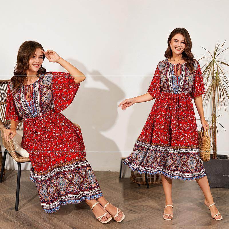 Modest Plus Size Summer dress V Neck Midi Beach boho Dress - EX-STOCK Canada