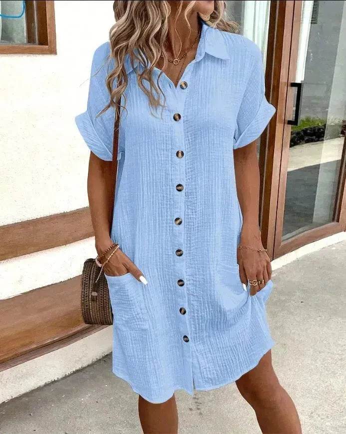 Womens Button Down Shirt Dress Summer Cotton Linen Dress V-Neck Mini Dress Casual Short Sleeve Loose Tunic Dresses - EX-STOCK Canada