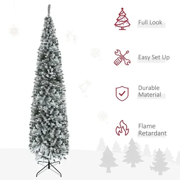 9ft Flocked Christmas Tree, Pencil Christmas Tree With Realistic Branch Tips, Folding Metal Stand, Green EX-STOCK Canada