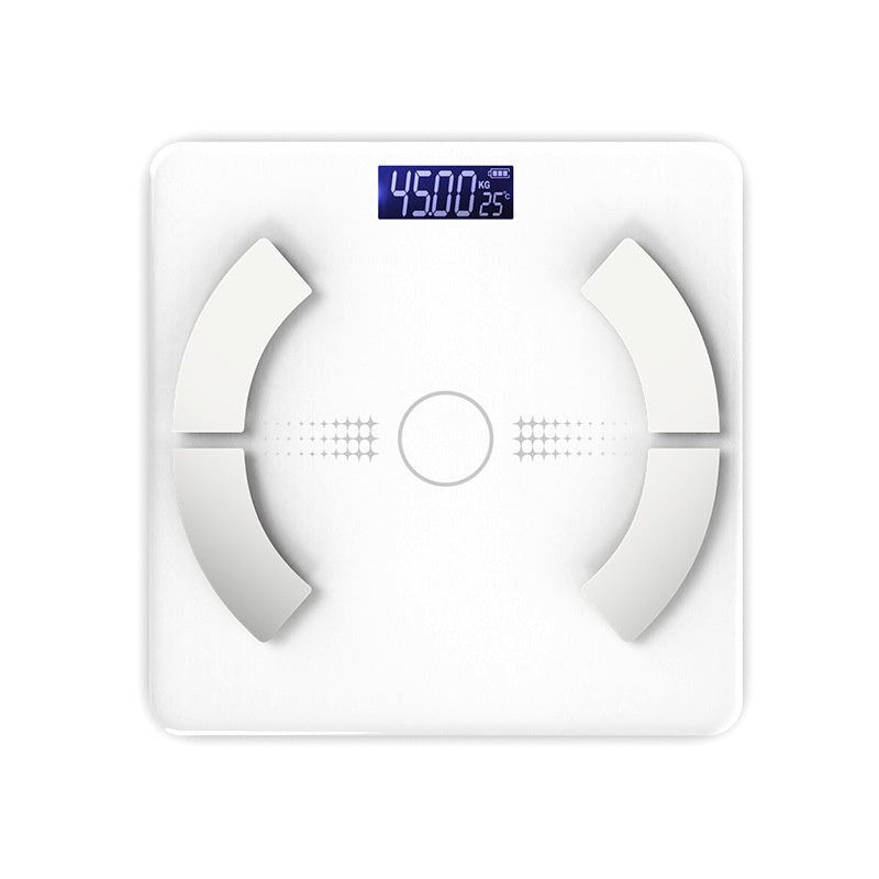 A white digital body fat scale with a square platform, curved leg plates, and a blue backlit LCD display showing '45.00%'.
