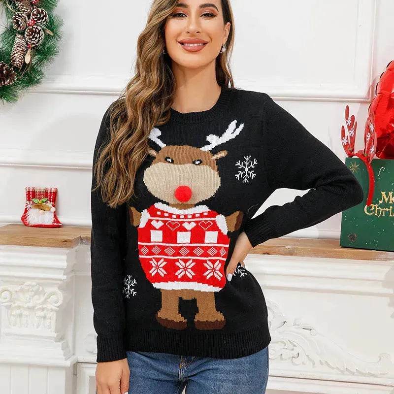 Funny Deer Christmas Sweater Round Neck Pullover Women - EX-STOCK Canada