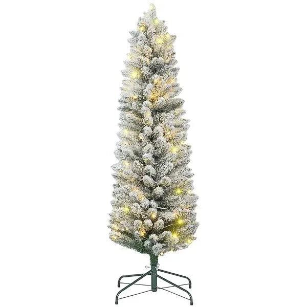 Sapin de Noël artificiel pré-éclairé de 5 pieds avec lumière LED blanche chaude, branches enneigées, base en métal, sapin de Noël en forme de crayonEX-STOCK Canada