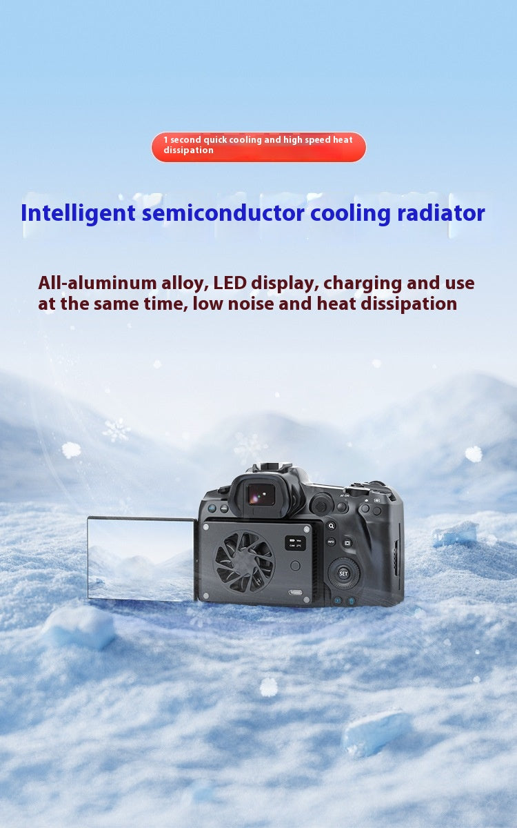 A black camera with a detached rectangular cooling radiator attached, shown on a snowy blue background with promotional text about intelligent semiconductor cooling.