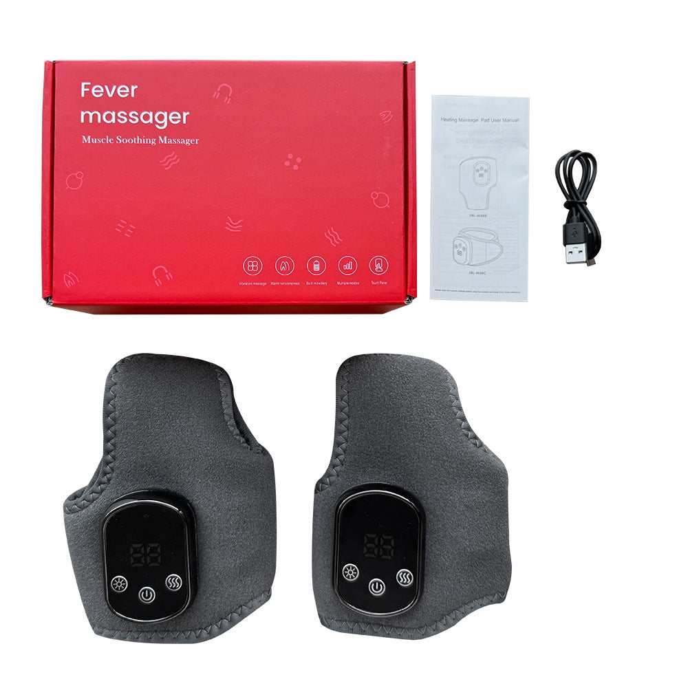 Fever massager with packaging, USB cable, and remote control on a white background