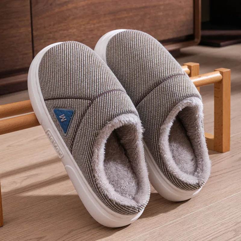 Solid Striped Home Slippers Winter Warm Fleece Shoes Men Indoor Bedroom Floor Plush Slippers For Women Couple - EX-STOCK Canada